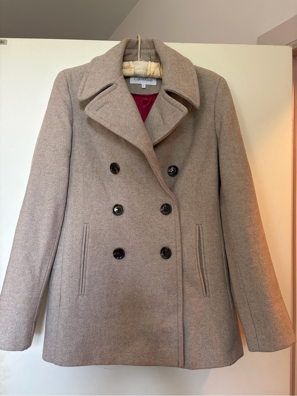 Calvin Klein Women's Double-Breasted Tan Peacoat Wool Blend size 2